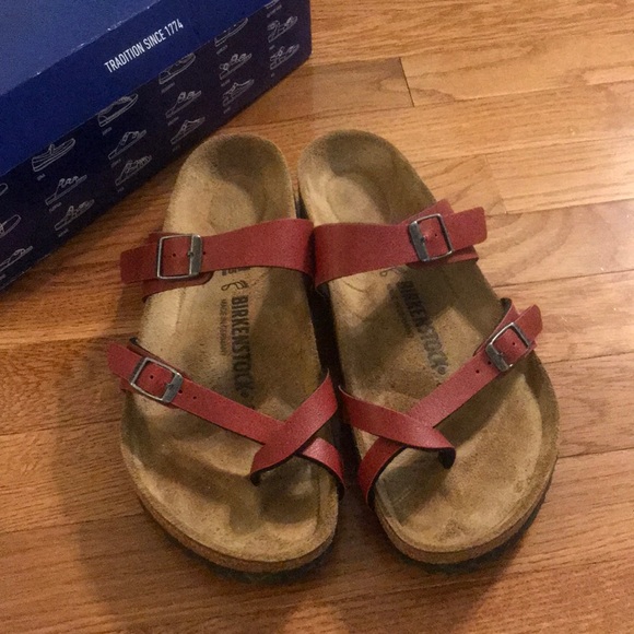 Birkenstock Shoes - Red strapped BIRKENSTOCKS. Just like new!!!